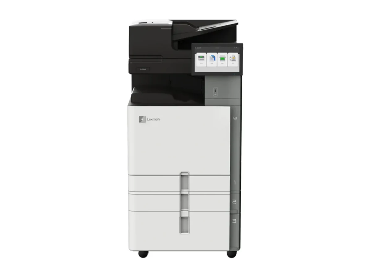 Multifonction Lexmark vu de face, écran tactile couleur et trois magasins papier