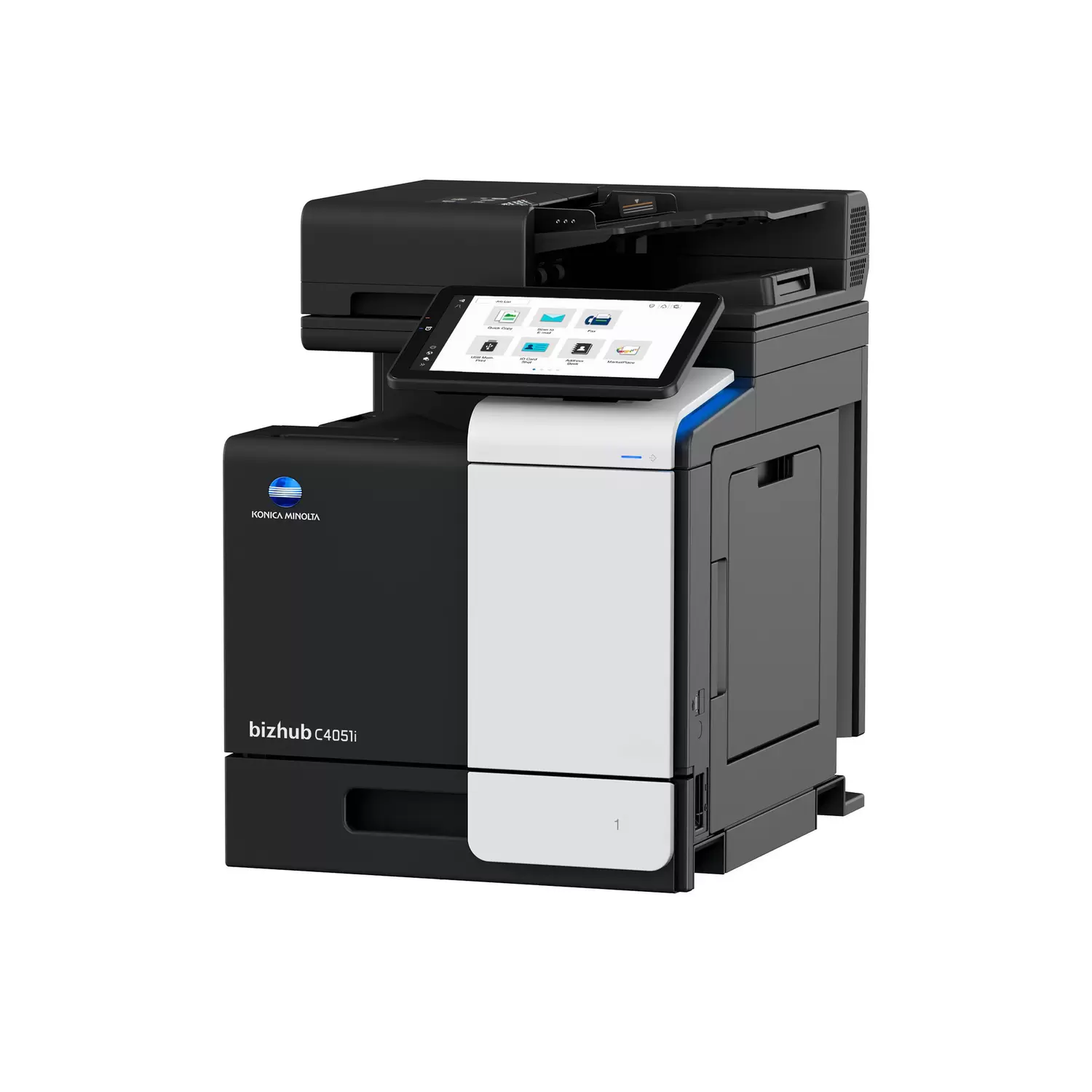 Multifonction A4 couleur Konica Minolta bizhub C4051i vu de trois quarts, chargeur de documents et ecran tactile incline